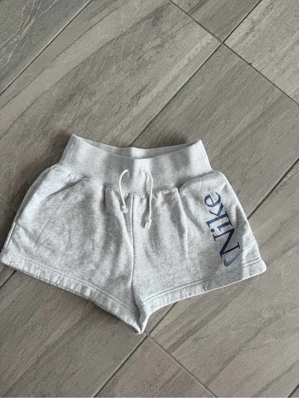 Nike Women's Light Gray Athletic Fleece Shorts with Navy Logo